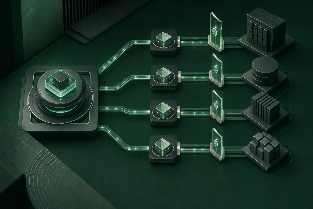 AI agent modules orchestrating work across enterprise systems, with an approval checkpoint before actions execute