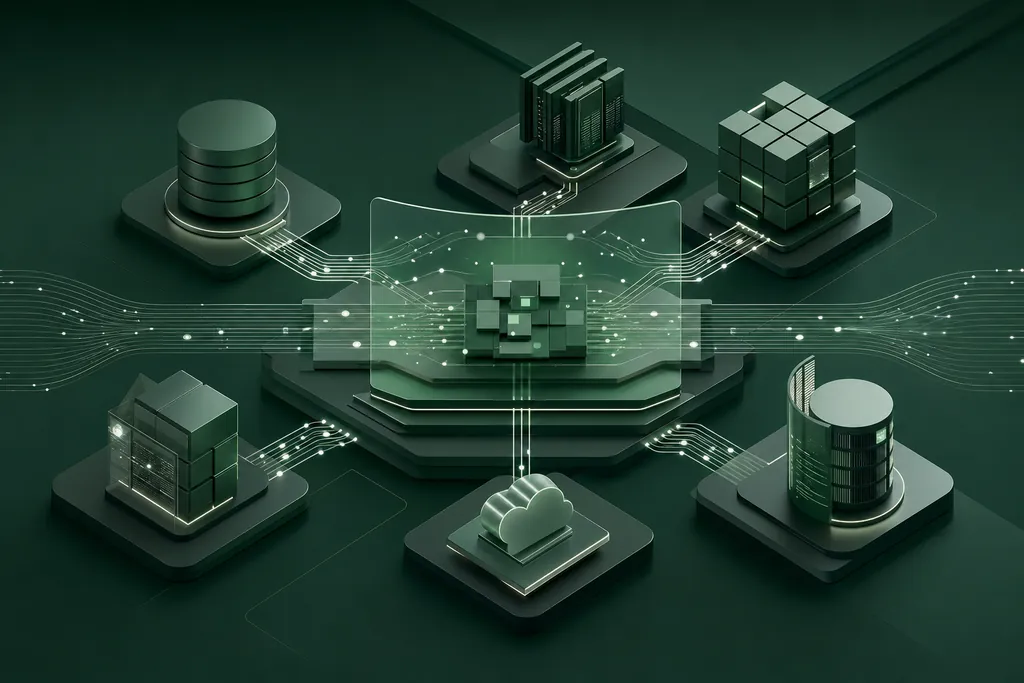 Separate enterprise systems, databases and applications joined into one estate by an integration layer of APIs and event streams