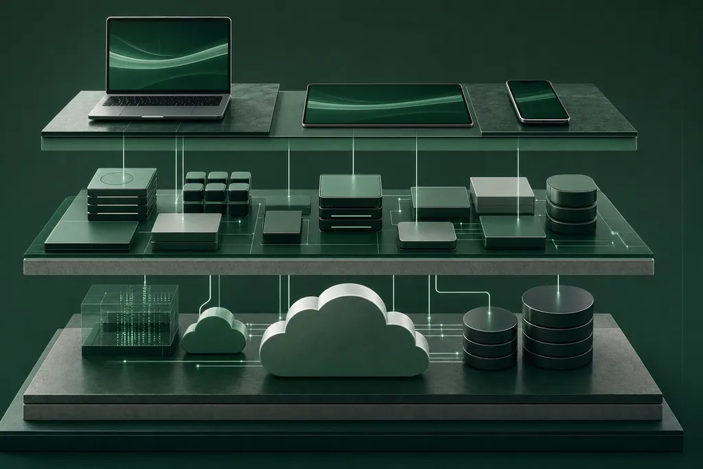 A custom software product drawn as stacked layers: cloud and data foundations, backend services, and web and mobile surfaces above