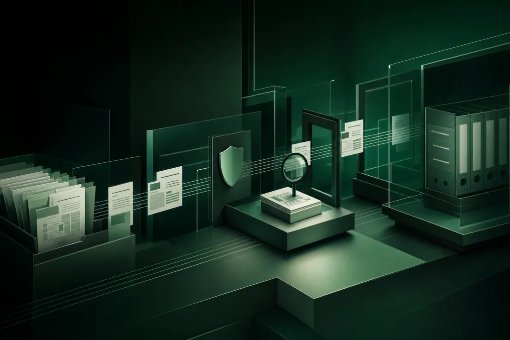 A secure healthcare administrative workflow: records and claims processed through access boundaries into an audited system of record