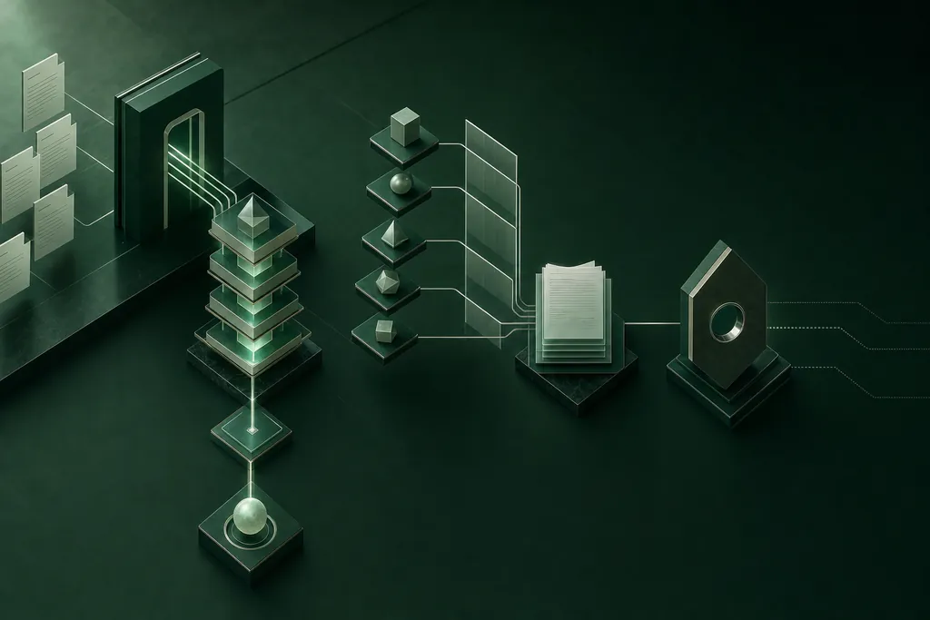 An identity verification structure: documents and an ownership chain resolving through layered checks into an evidence file held at a decision point