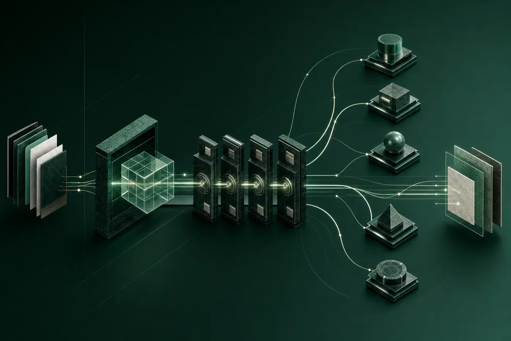 An application tested against published criteria in sequence, consultation paths branching to separate departmental nodes and returning, and an issued decision record